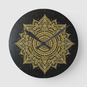 Horloge Ronde Mandala Étoile Dorée sur Fond Noir
