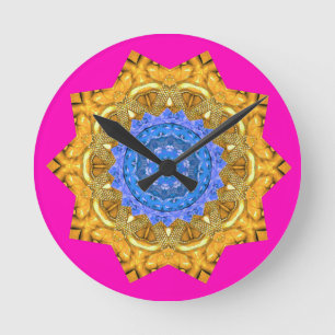 Horloge Ronde Mandala Magic Blue & Gold sur Fuchsia