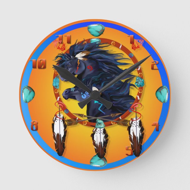 Horloge Ronde Mandala noir de deux chevaux (Recto)