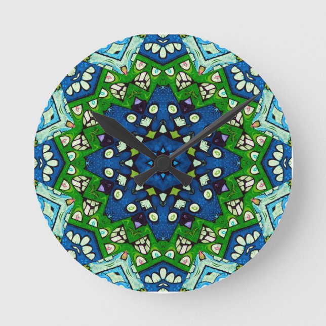 Horloge Ronde Mandala Retro Mosaic Vert Motif bleu (Recto)