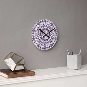 Horloge Ronde Mandala Spirituel Kaléidoscope Bleu Violet Blanc.