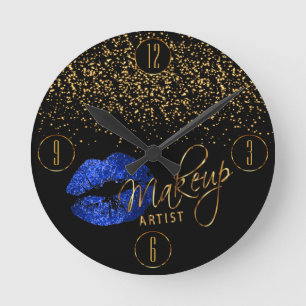 Horloge Ronde Maquillage Artiste Lèvres Bleues et Confetti Or