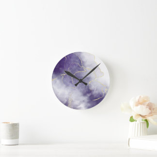 Horloge Ronde Marbre aquarelle violet feuille d'or abstrait luxe