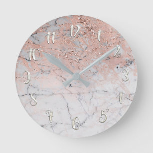 Horloge Ronde Marbre Argent Rose Glamour Moderne Personnalisé
