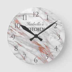 Horloge Ronde Marbre Blanc Cuisine Paillettes Cuivre Or Rose