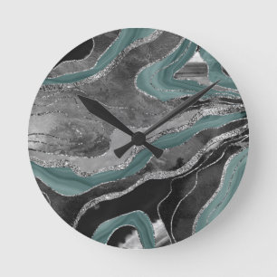 Horloge Ronde Marbre gris pâle Turquoise Agate Parties scintilla