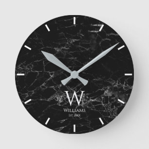 Horloge Ronde Marbre Noir Monogramme Blanc Initiale & Nom Person