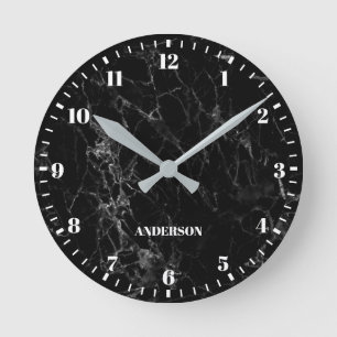 Horloge Ronde Marbre Noir Nom Personnalisé Nombres Classiques