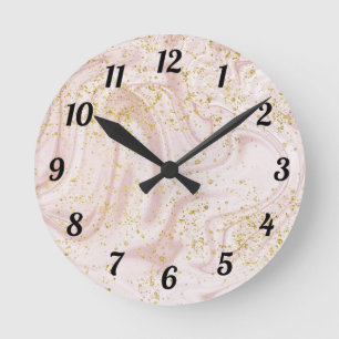 Horloge Ronde Marbre rose et blanc tourbillonnant avec paillette