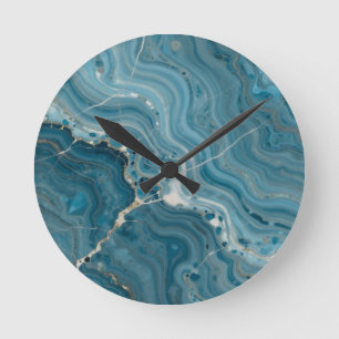Horloge Ronde Marbre Veine d'Or Agate Bleue