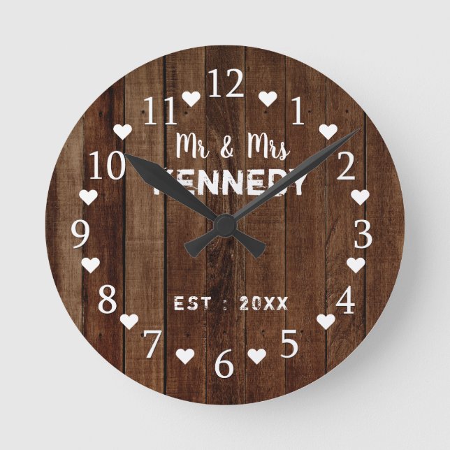 Horloge Ronde Mariage de tôle en bois rustique (Recto)
