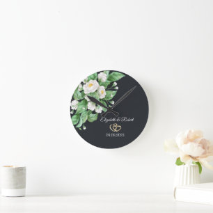 Horloge Ronde Mariage Fleurs Blanches