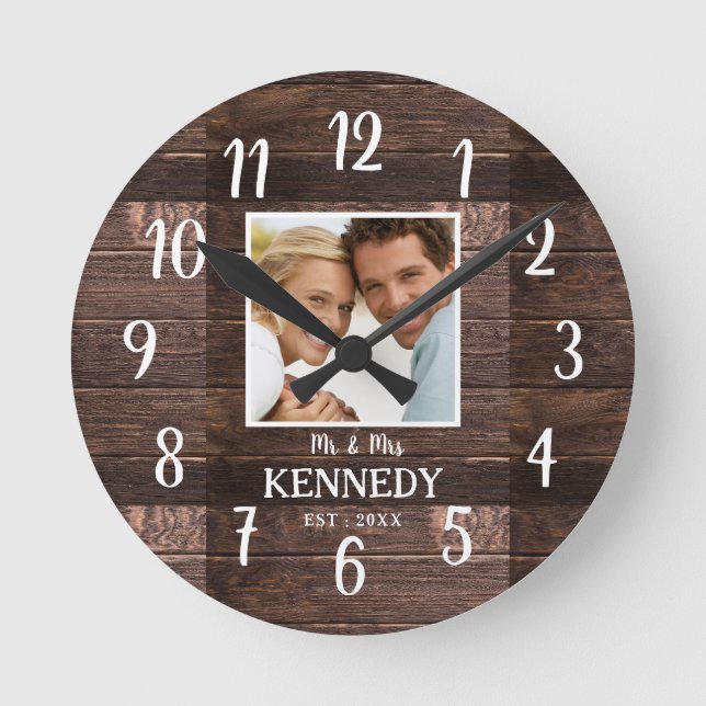 Horloge Ronde Mariage Rustique Bois Anniversaire Couple Photo (Recto)