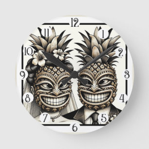 Horloge Ronde Mariée et marié Tête de Tiki d'ananas Aloha Mariag
