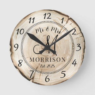 Horloge Ronde Mariés Personnalisés Rustiques de Mariage