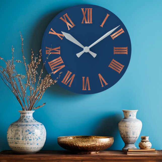 Horloge Ronde Marine Rose cuivre or minimal Métal urbain (Navy Copper Rose Gold Minimal Metallic Urban Round Clock)