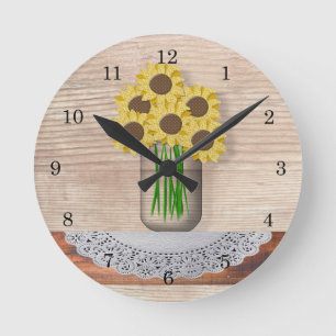 Horloge Ronde Mason Jar Of Sunflowers Wall Clock