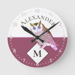 Horloge Ronde Mauve Pink Owl Monogram