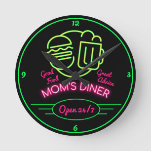 Horloge Ronde Mère's Diner Open 24H/24 7J/7 Retro Fifties Neon E