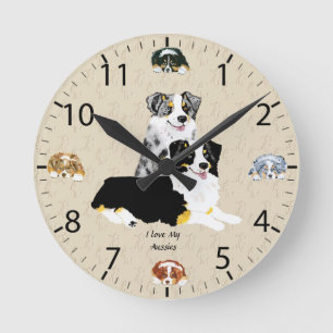 Horloge Ronde Merle bleu et tri bergers australiens noirs