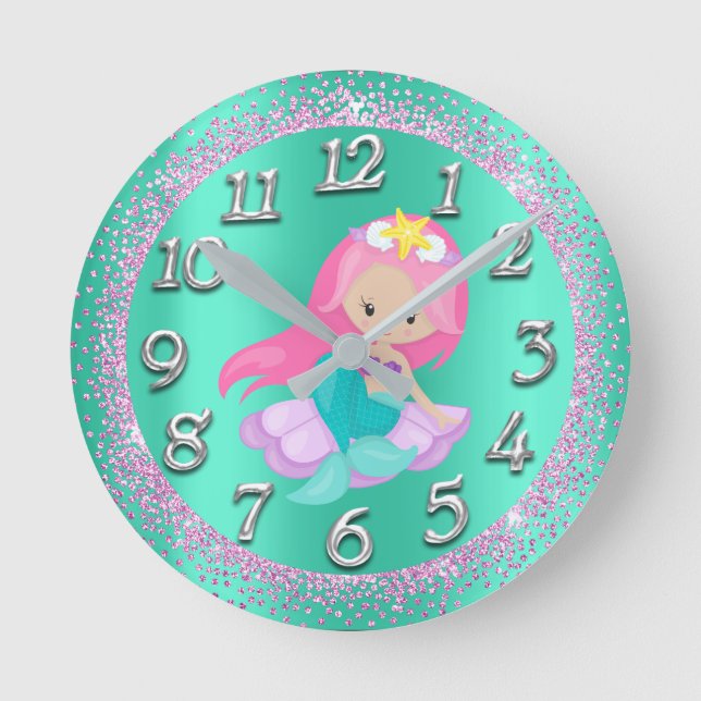 Horloge Ronde Mermaid Silver Aqua Crystals Parties scintillant d (Recto)