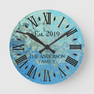 Horloge Ronde Métal en détresse bleu vintage rustique
