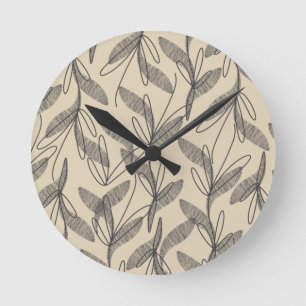 Horloge Ronde Mi-siècle Moderne Rétro Botanique Gris Beige