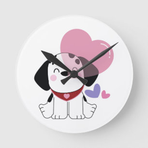 Horloge Ronde Mignon Chien Dalmatien Kawaii avec des Cœurs
