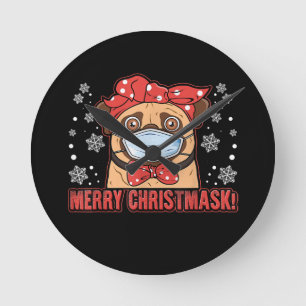 Horloge Ronde Mignonne Carlin Masque Visage Chien Joyeux Noël