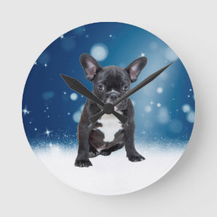 Horloge Ronde Mignonne French Bulldog Etoiles de neige Bleu Noël