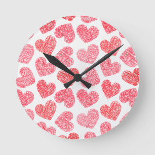 Horloge Ronde Mignonne Rouge Doodled Heart Valentine's Day Motif