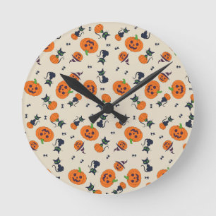Horloge Ronde Mignons citrouilles d'Halloween et motif de chats