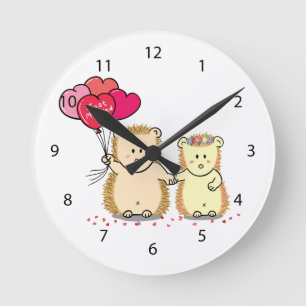 Horloge Ronde Mignons hérissons avec ballons, couple marié récem