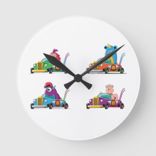 Horloge Ronde Mignons monstres de dessin animé voitures de cours