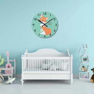 Horloge Ronde Mint Green Polka-Dots ・ Woodland Fox ・ Custom