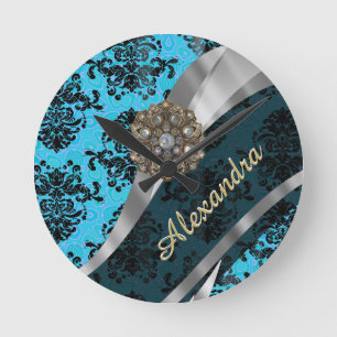 Horloge Ronde Modèle bleu personnalisé joli girly damask
