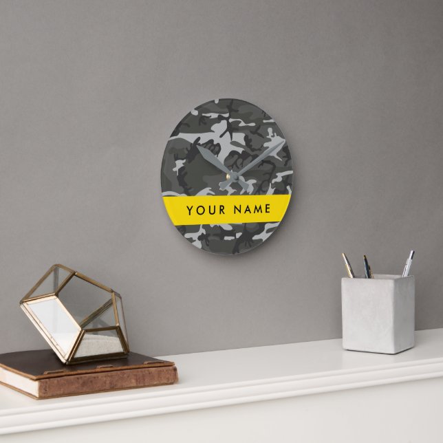 Horloge Ronde Modèle de camouflage gris, Votre nom, Personnalise (Bureau)