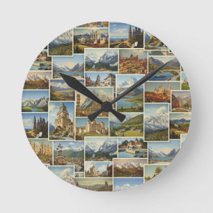 Horloge Ronde Modèle de collage de carte postale européenne d'an