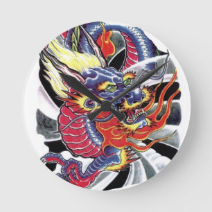Horloge Ronde Modèle de tatouage japonais Blue Dragon