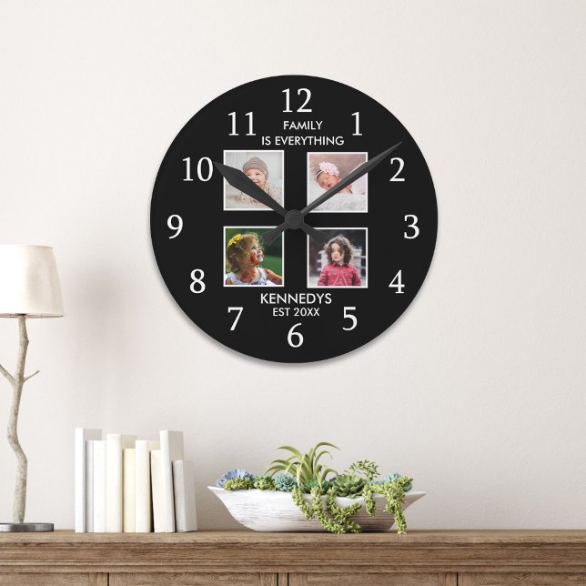 Horloge Ronde Modern 4 Photo Collage Nom de famille Citation Noi (Modern 4 Photo Collage Family Name Quote Black Round Clock
)