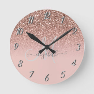 Horloge Ronde Modern Glitter Sequin Ombre Rose Gold Monogram