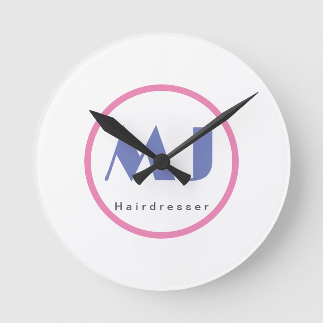 Horloge Ronde Moderne et élégant Monogramme Bleu Coiffeur blanc (Recto)