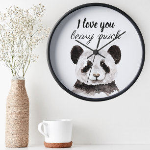 Horloge Ronde Moderne Je T'Aime Beary Much Panda Noir Et Blanc
