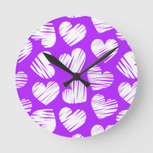 Horloge Ronde Moderne violet blanc Doodled Heart Valentine's Day