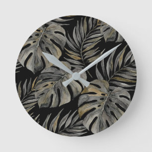 Horloge Ronde Moku Island Aquarelle Hawaïenne Monstera - Noir