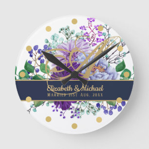 Horloge Ronde Monogram Blue Purple Floral Gold Newlyweds Wedding