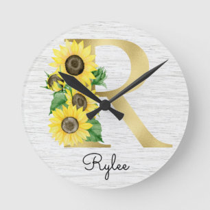 Horloge Ronde Monogram Gold Sunflower Girly Floral Initial R