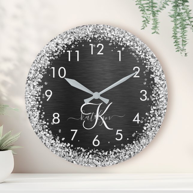 Horloge Ronde Monogramme à étincelle noire à Parties scintillant (Créateur téléchargé)