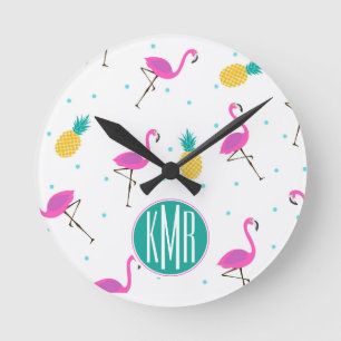 Horloge Ronde Monogramme au néon des Flamants roses  
