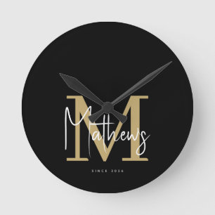 Horloge Ronde Monogramme blanc or moderne Nom de famille